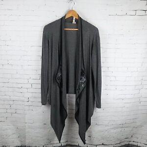 MY WISH LIST GREY ASYMETRICAL OPEN CARDIGAN WITH APLIQUE FLOWERS SIZE MEDIUM